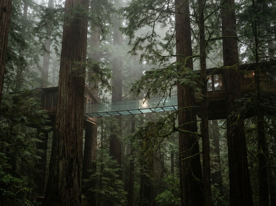 A redwood forest with massive trunks