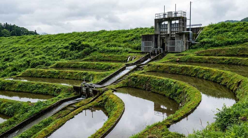 Terraced rice paddies on a hillside with a modern concrete irrigation control structure at the top
