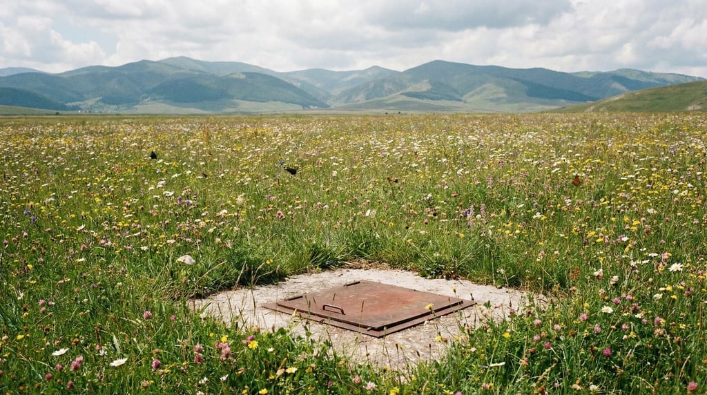 A meadow of wildflowers with a barely visible underground facility entrance — just a flat concrete s