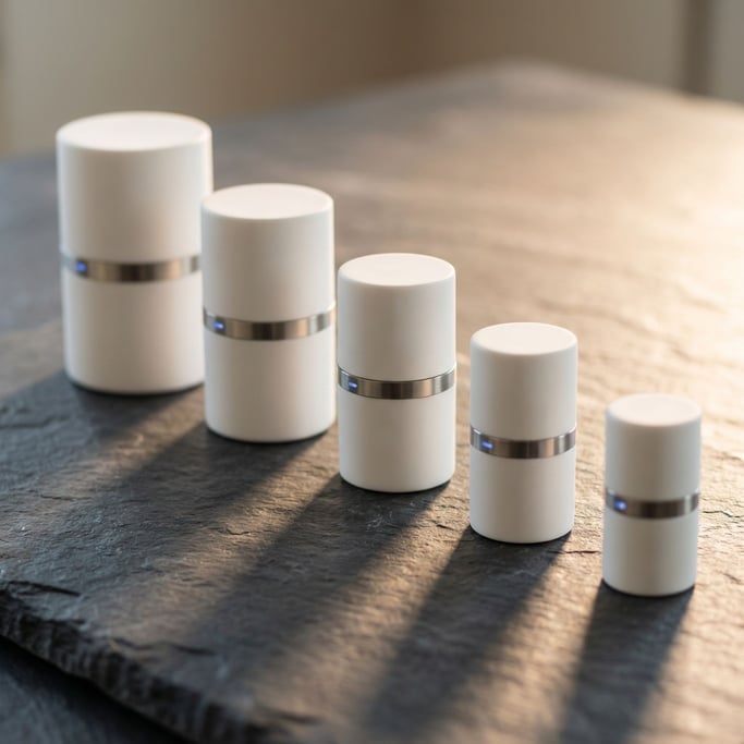 A set of five data storage cylinders in graduated sizes arranged on a dark slate surface