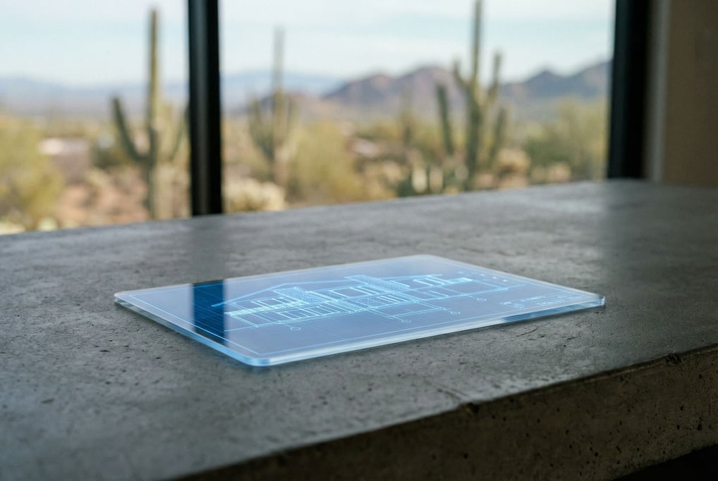 A transparent tablet lying flat on a concrete desk