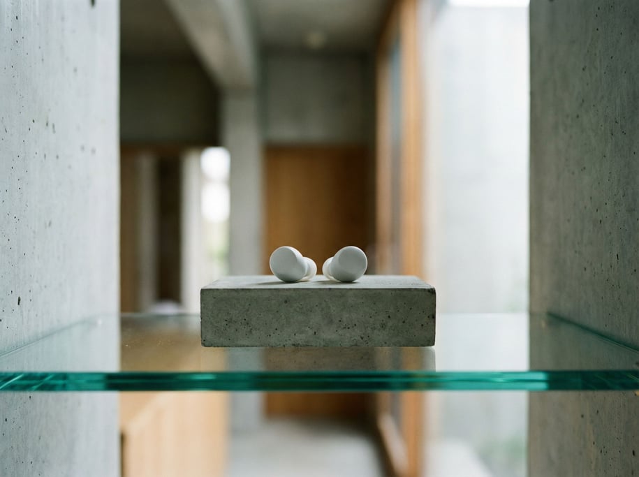 A pair of minimalist earpieces displayed on a concrete block