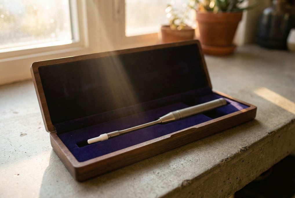 A precision surgical instrument in a velvet-lined case — a long