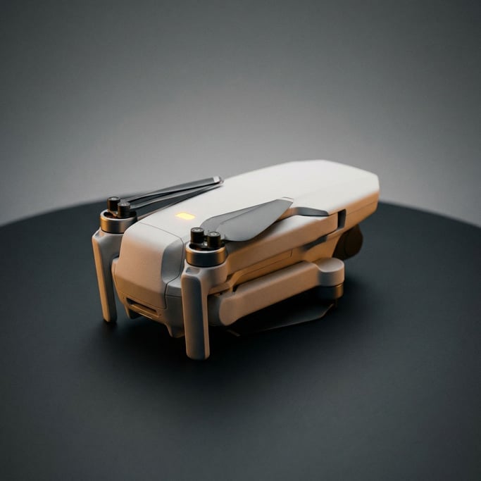 An autonomous drone in rest configuration, rotors folded, sitting on a dark matte surface