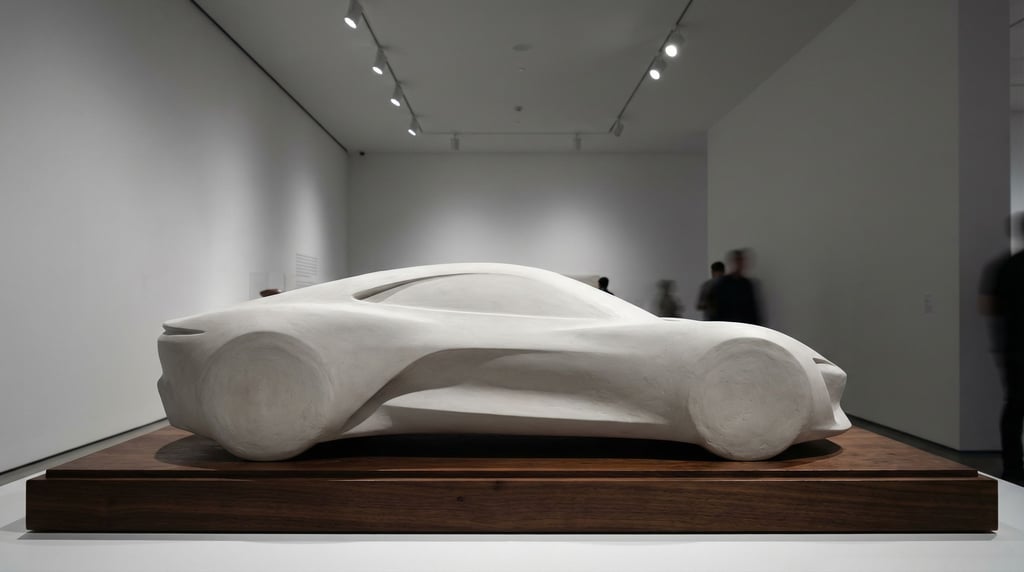 A concept vehicle model at quarter scale displayed in a gallery setting