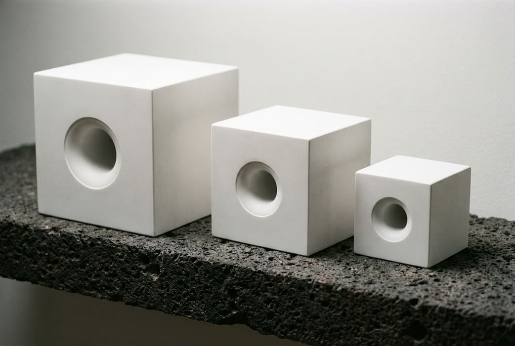 Three identical white composite cubes of different sizes arranged asymmetrically on a dark volcanic