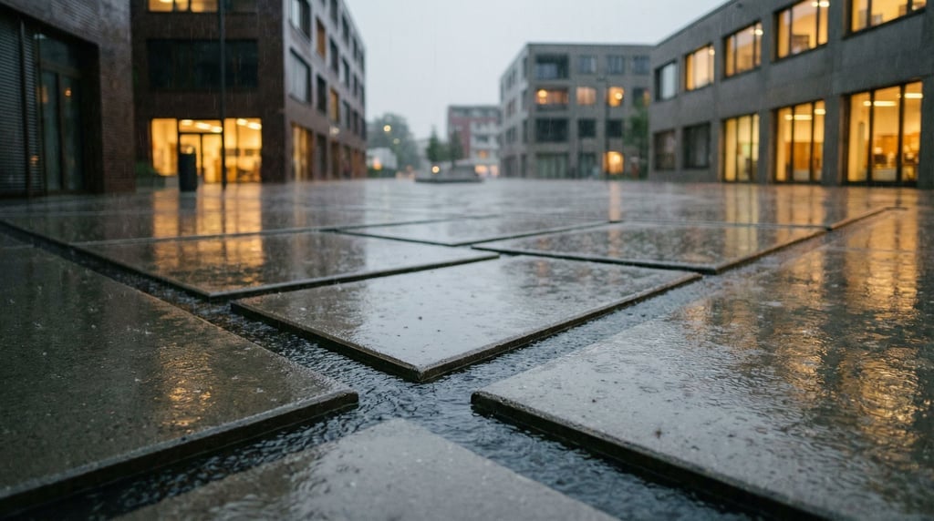 Rain falling on a large concrete plaza