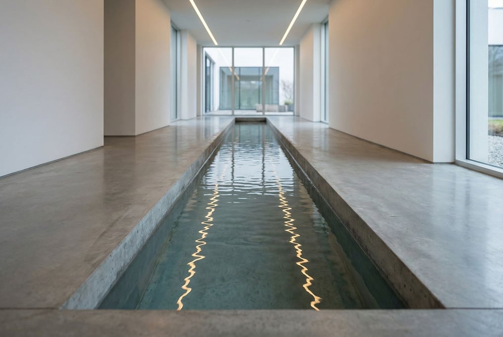 A narrow concrete channel carrying perfectly clear water through a building interior