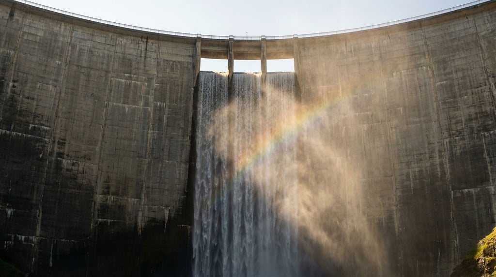 A concrete dam face seen from directly below