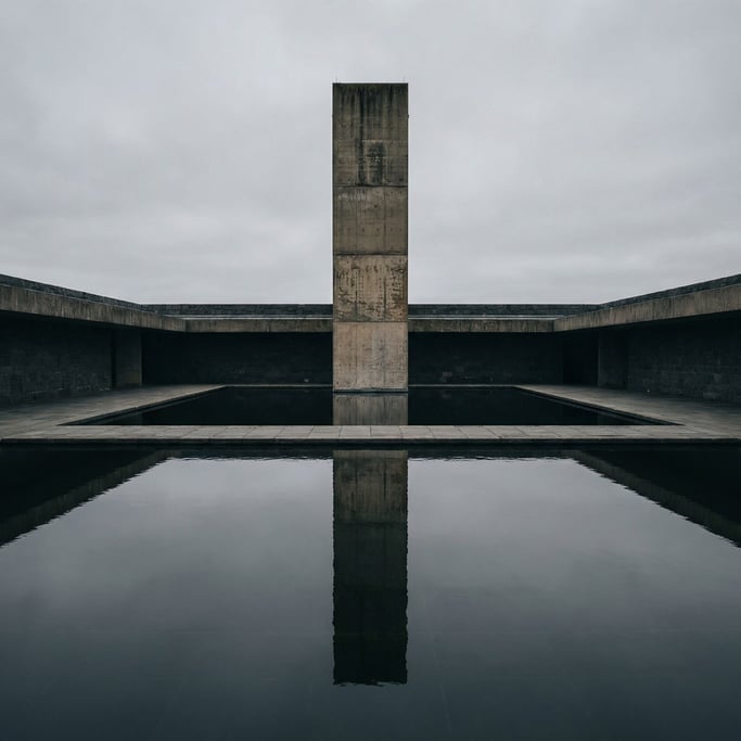 A courtyard with a square reflecting pool, its surface perfectly still and mirror-like