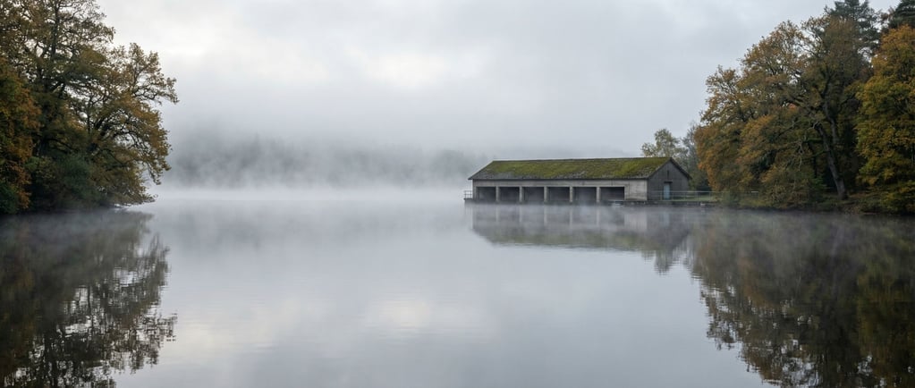 An ultra-wide view of a still lake in early morning, mist hovering over the surface