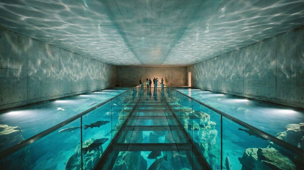 A glass-bottomed walkway over a deep clear pool inside a building
