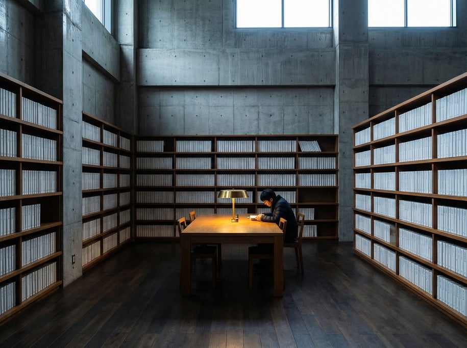 A library with floor-to-ceiling shelving holding white-spined books
