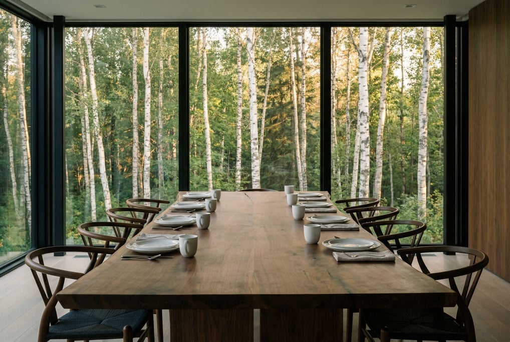 An executive dining room with a long wooden table set for twelve
