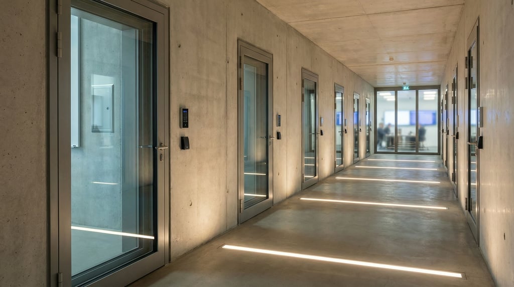A secure corridor with a series of heavy glass doors at intervals