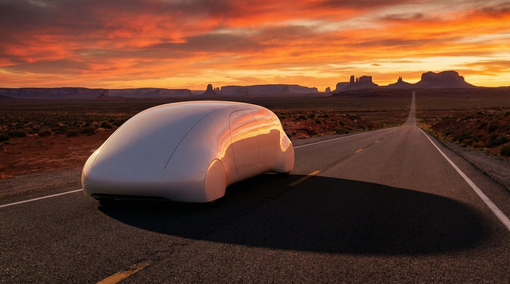 An autonomous vehicle on an empty desert road at sunset, its smooth white body reflecting orange sky