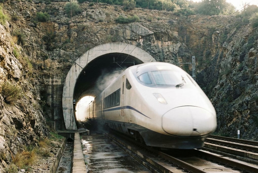 A sleek train emerging from a tunnel mouth carved in rock, the train's nose a smooth white cone