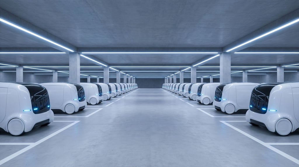 An underground parking structure for autonomous vehicles, each car in its designated white-lined bay