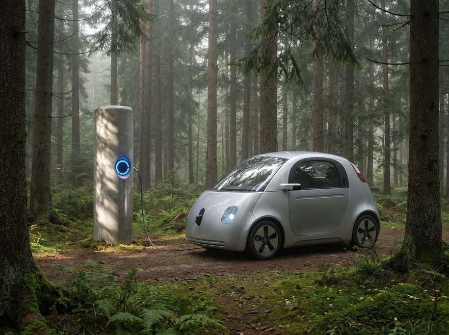 A charging station in a forest clearing, a single sleek concrete pillar with an illuminated port