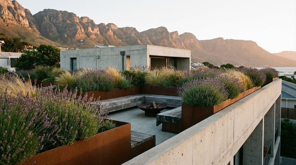 A rooftop garden atop a concrete building