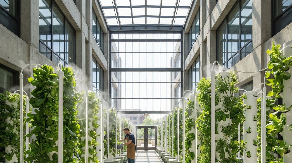 A hydroponic tower garden inside a glass atrium