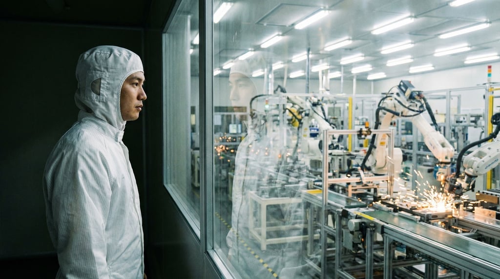 A technician observing a manufacturing process through a glass partition