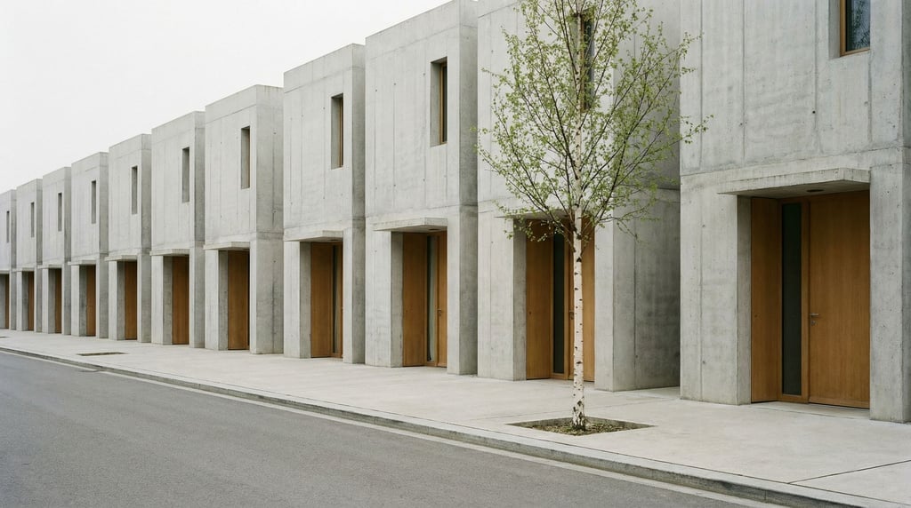 A row of identical concrete townhouses with minimal detailing