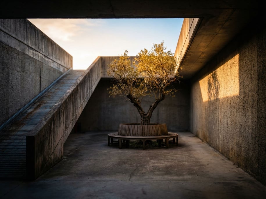A sunken courtyard accessed by a ramp, the space below ground level enclosed by concrete walls