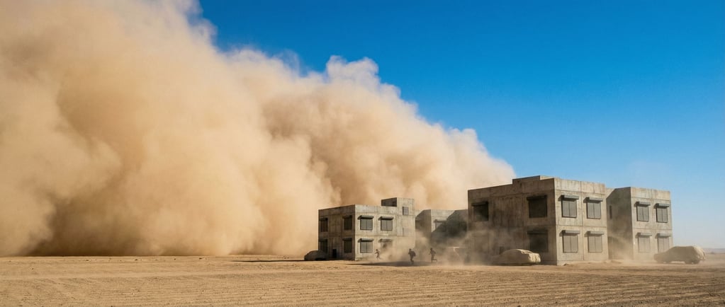 A dust storm approaching a compound in the desert