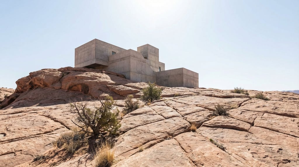 A concrete structure built directly on exposed bedrock in a desert basin