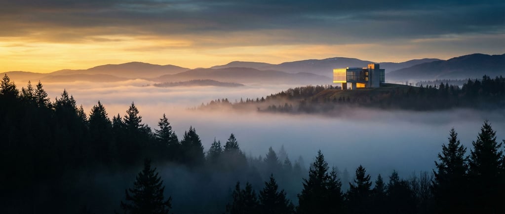 An ultra-wide panorama of a misty valley at sunrise, layers of fog filling the lower elevations