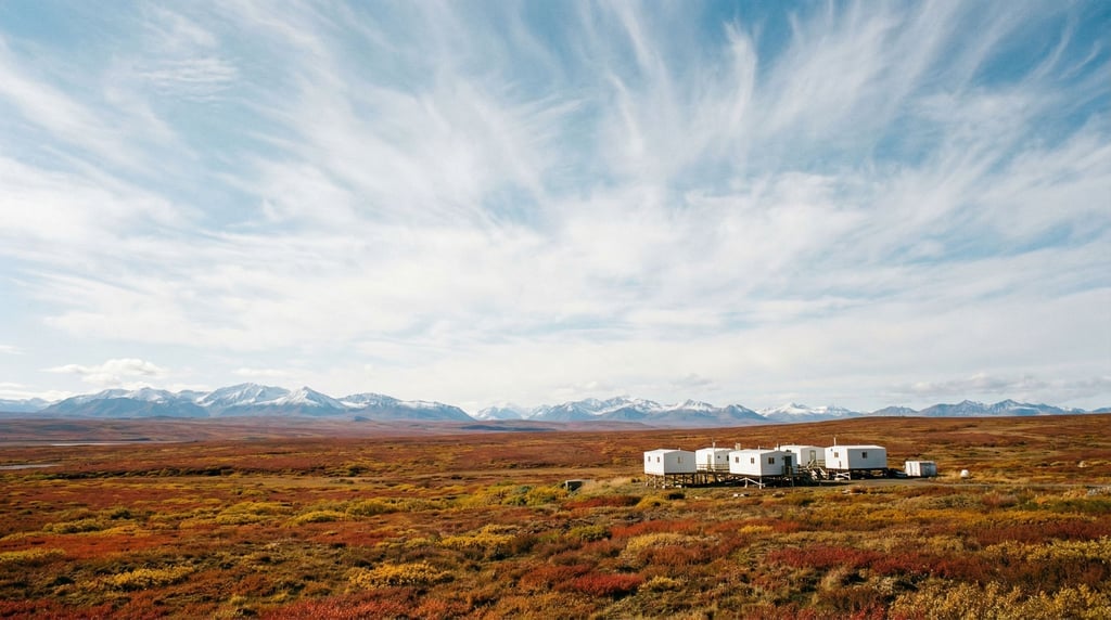 A tundra landscape with a research outpost — a cluster of small white modules on stilts above permaf