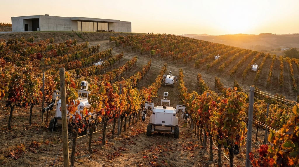 A grape vineyard on a hillside with autonomous pruning machines moving between rows
