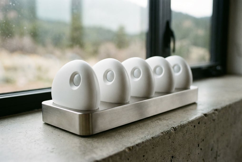 A row of five identical handheld devices in a charging dock
