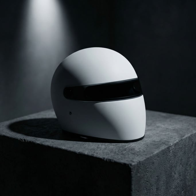 A matte white helmet with a dark visor strip across the front, displayed on a dark concrete pedestal