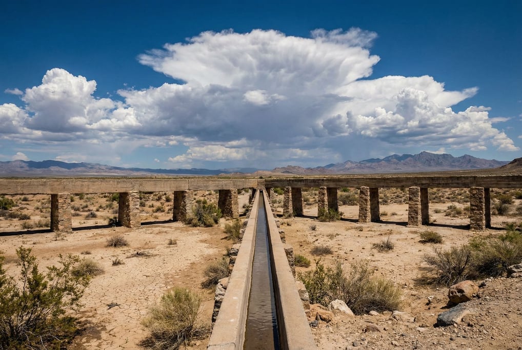 A concrete aqueduct cutting across a desert landscape