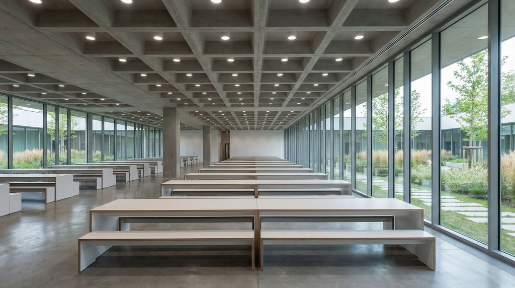 A vast cafeteria with long white tables and integrated bench seating, empty and spotless