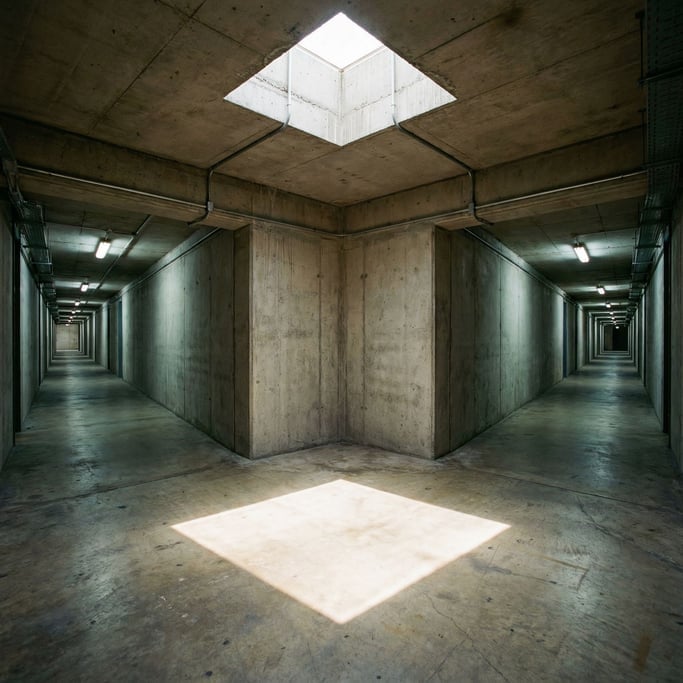 A concrete corridor intersection where four hallways meet at a cruciform