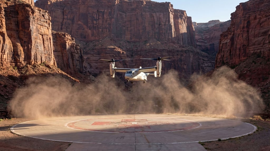 A VTOL aircraft ascending from a landing pad in a valley