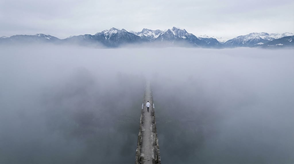 A lone figure in white walking across a concrete bridge spanning a fog-filled chasm