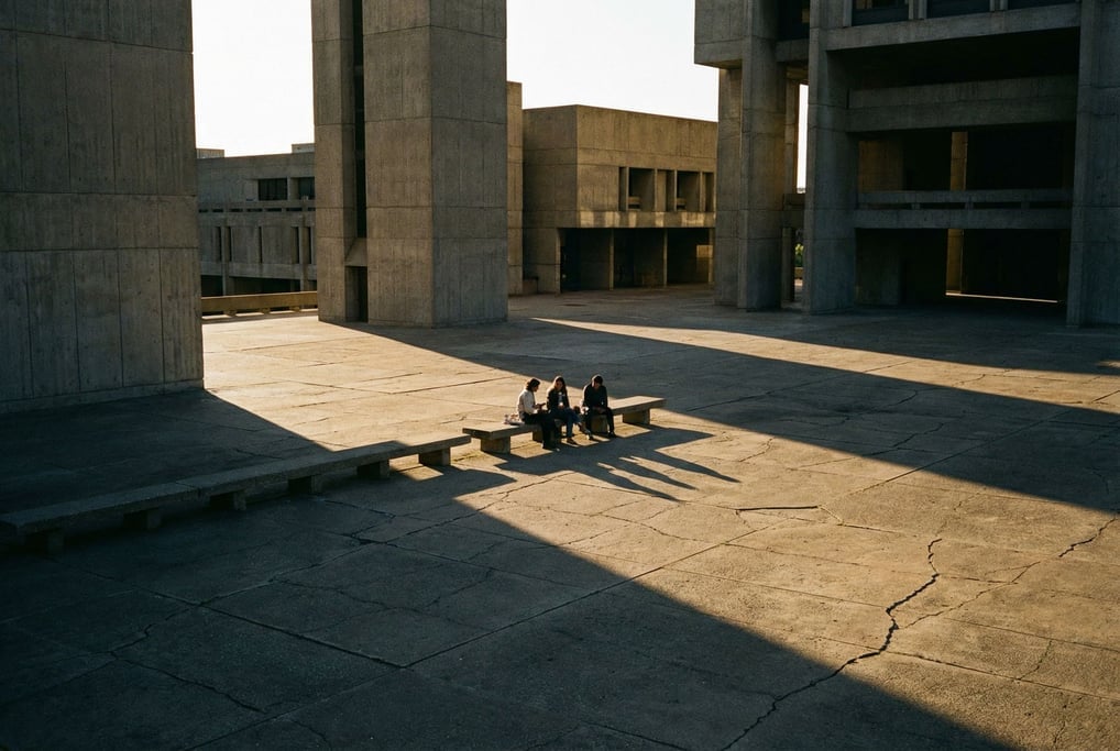 Three figures seated on a concrete bench in a vast empty plaza, seen from a distance