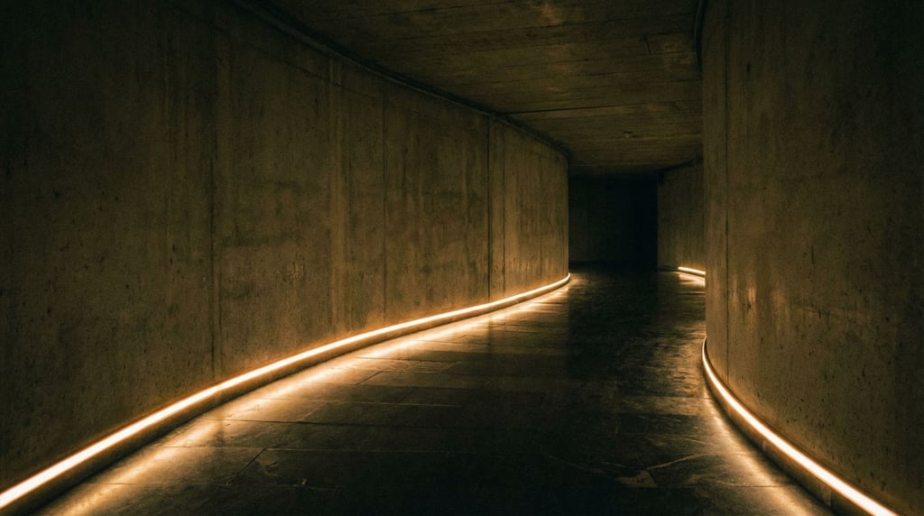 A subterranean passage with a low concrete ceiling and smooth walls