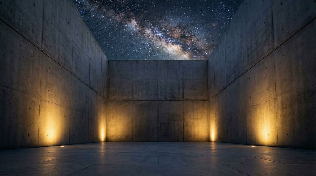 An interior courtyard at night, concrete walls surrounding a square of sky revealing stars