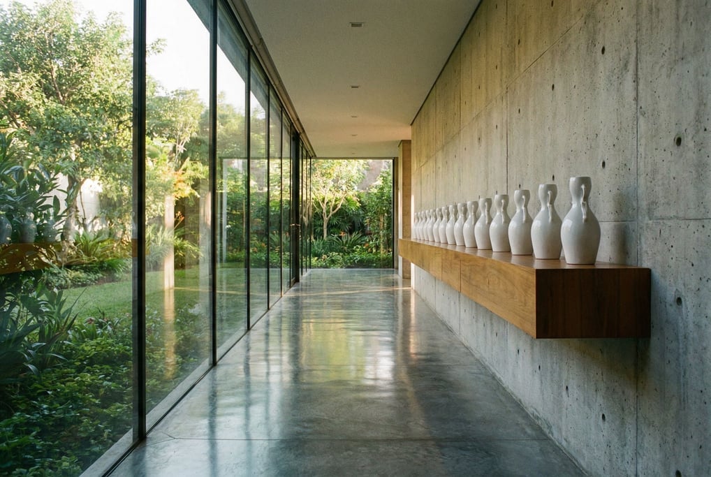 A corridor with one wall entirely of glass looking into a garden