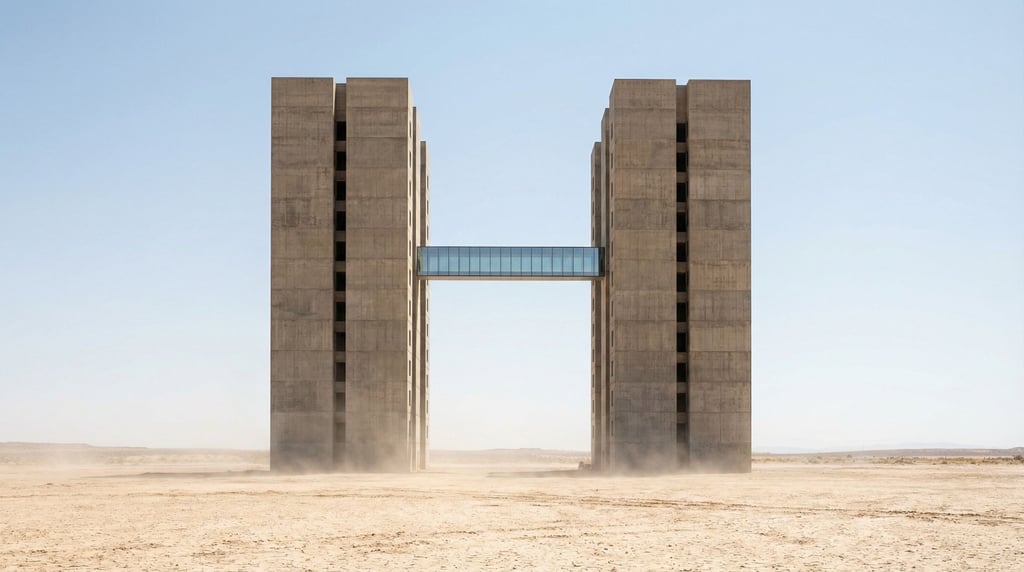 Twin concrete towers rising from a desert floor like monoliths