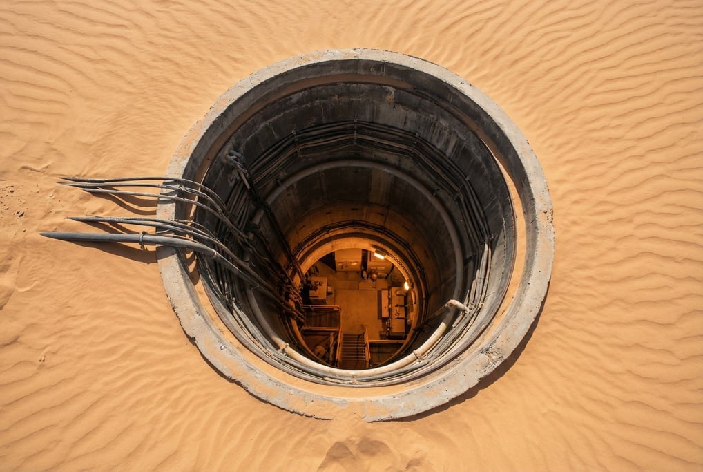 A ventilation shaft opening in the desert floor, a circular concrete collar flush with the sand