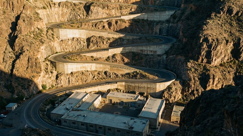 A zigzag road descending a cliff face to a facility at the base