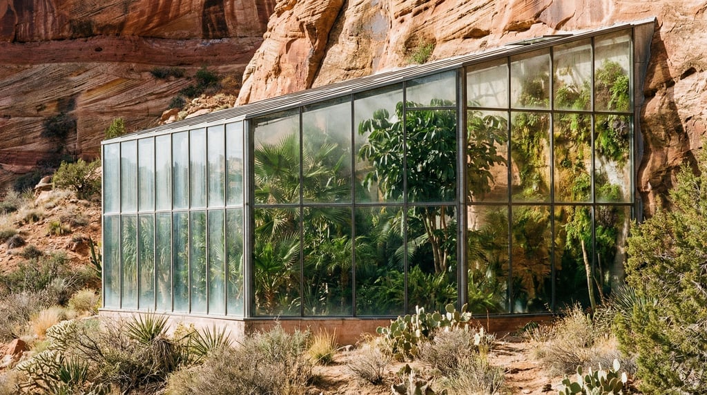 A glass-enclosed greenhouse structure built into a south-facing cliff