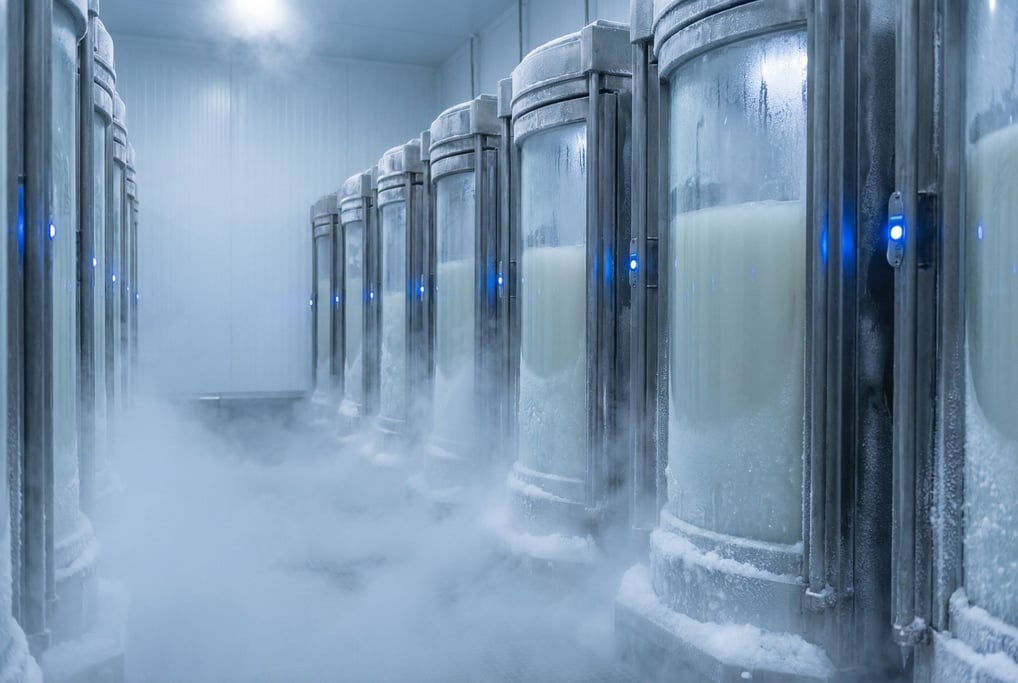 A cold storage facility with rows of transparent cryogenic chambers