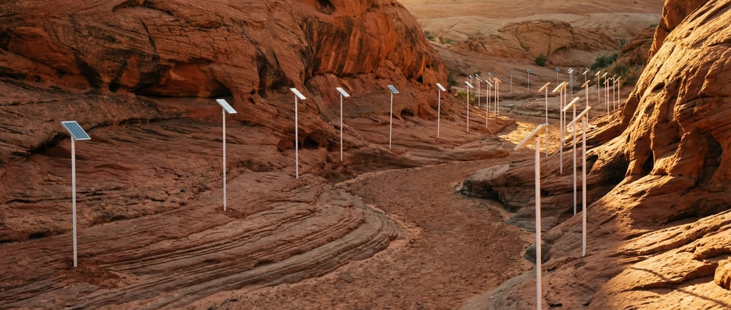 A dry riverbed winding through sandstone formations with embedded sensor posts along its banks